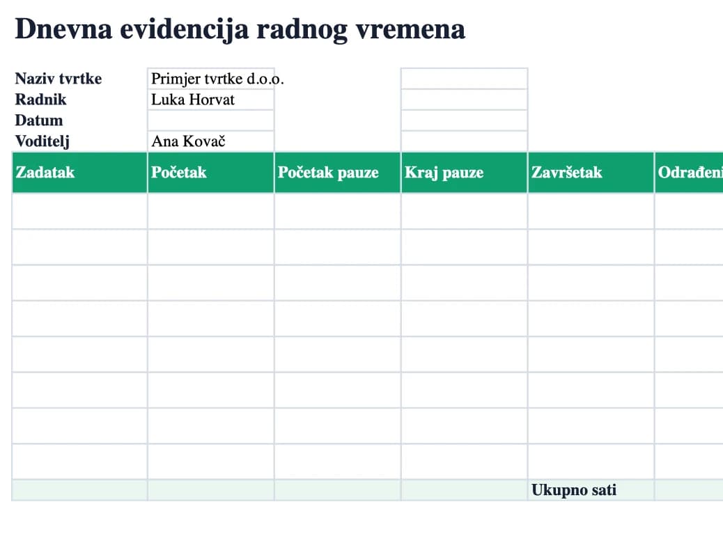 Pregled dnevnog Excel predloška za evidenciju radnog vremena