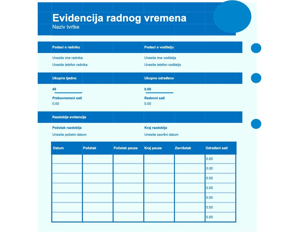 Pregled jednostavne Excel tablice za evidenciju radnog vremena