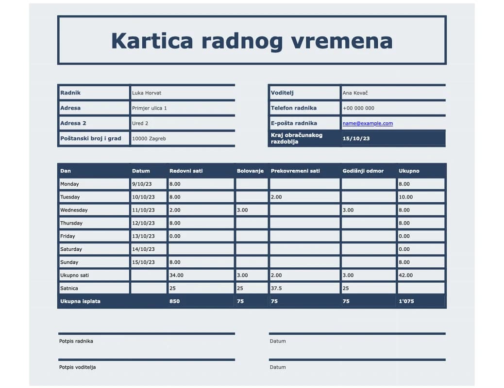 Pregled Excel kartice za dolaske, odlaske i pauze